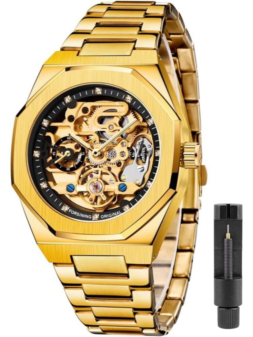 Men's Gold Mechanical Automatic Male Clock Stainless Steel Skeleton Wrist Watch